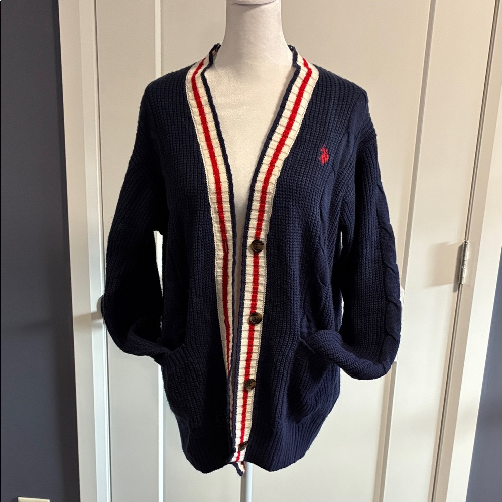 Polo by Ralph Lauren Navy V-Neck Button Cardigan with Striped Trim